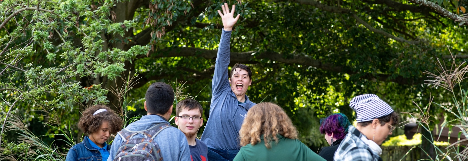 Student raising hand in group